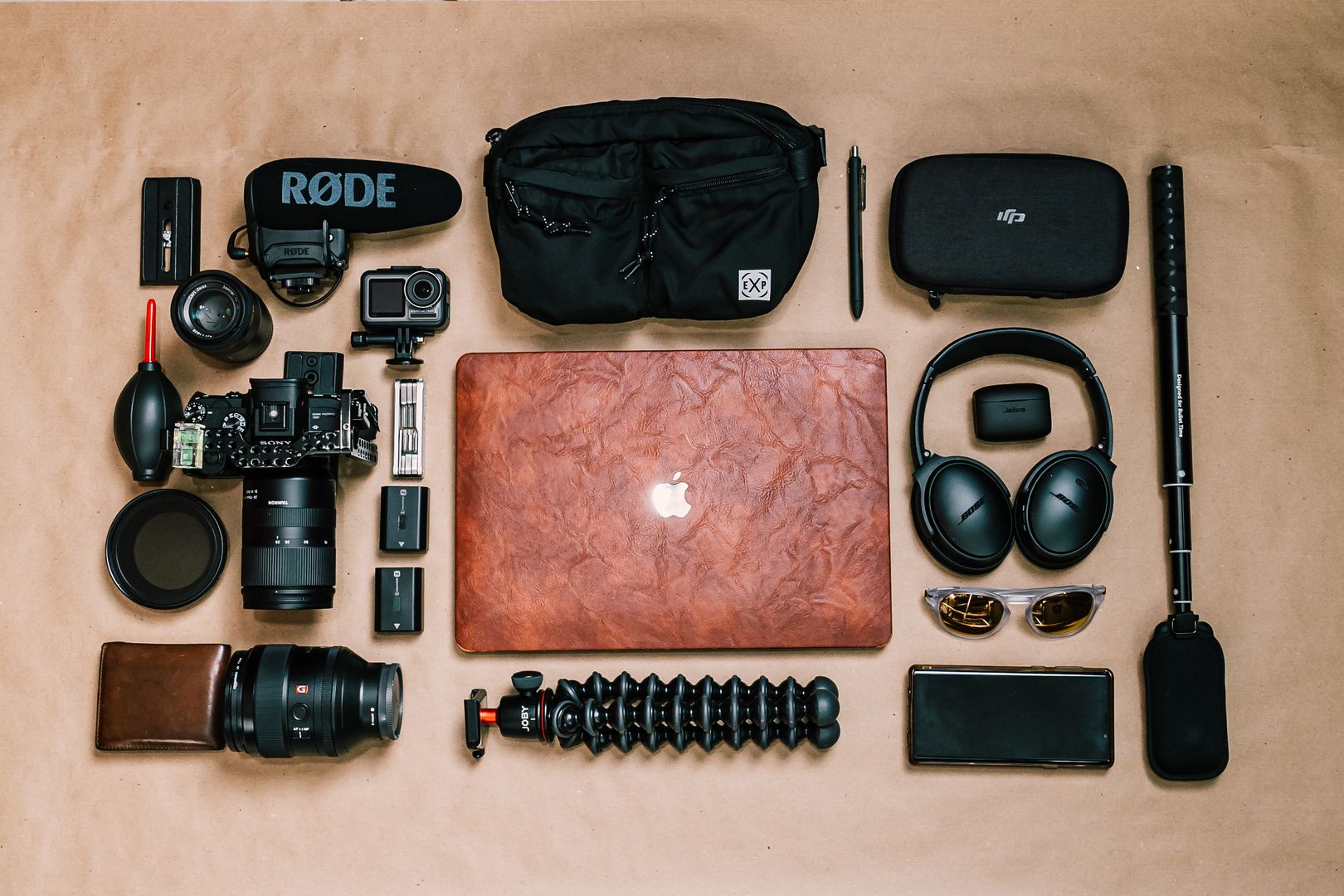 Minimalist travel gear laid out on table
